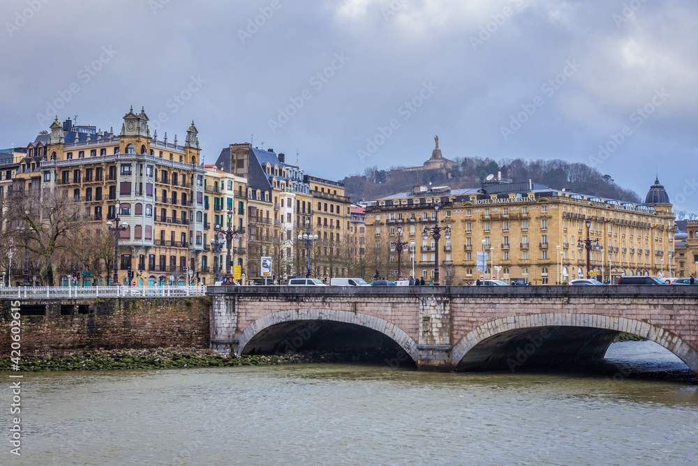 Santa Catalina Bridge over Urumea River in San Sebastian city also known as Donostia, Spain