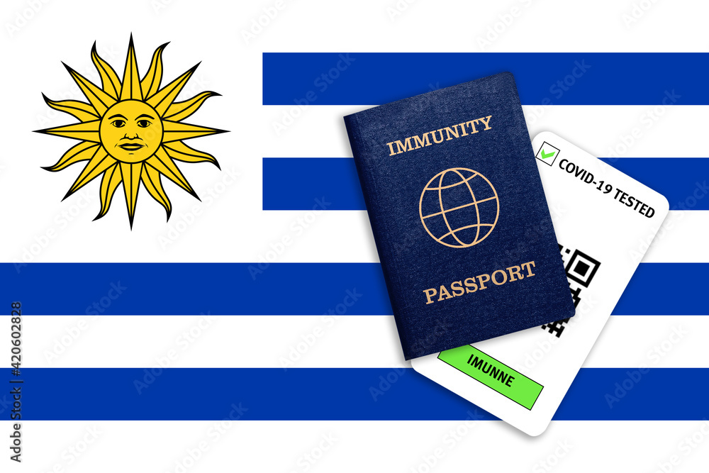 Obraz premium Immunity passport and test result for COVID-19 on flag of