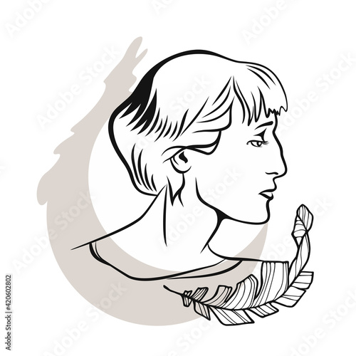 Portrait of the poetess Marina Tsvetaeva. Russian poet of the Silver Age, prose writer, translator. Black and white sketch of a hand-drawn portrait.