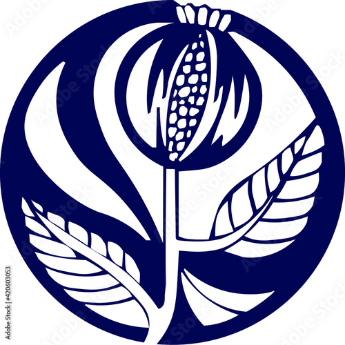 The image of a white garnet on a blue circle. Fertility symbol, suitable for emblem, logo, sign.