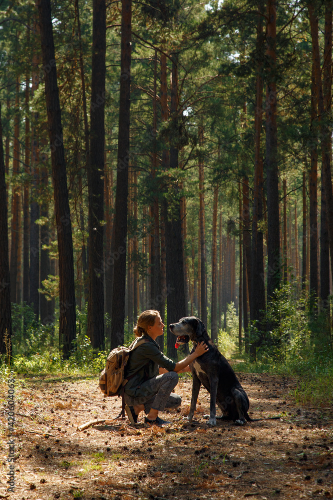 Woman with dog in summer forest Woman with dog in summer forest