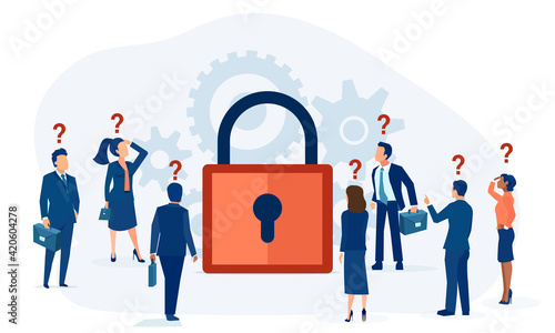 Vector of confused businesspeople looking at locked padlock