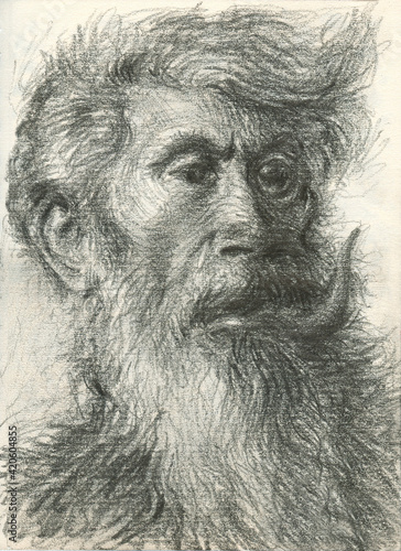 Portrait Drawing Of Two Face Man with Beast Features photo