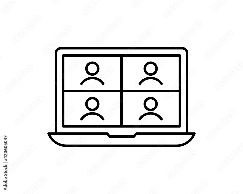 Video conference icon. People on computer screen. Home office in quarantine times. Digital communication. Internet teaching media. Video conference icon. People on computer screen. Home office in quarantine times. Digital communication. Internet teaching media.