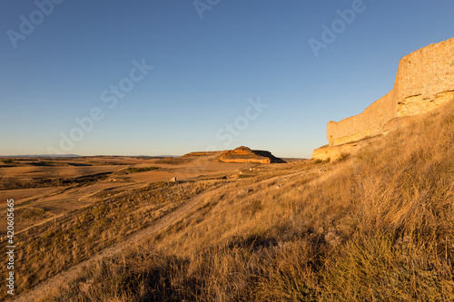 ruins of the medieval castle on a summer landscape in San Esteban de Gormaz  province of Soria  Castile and Leon  Spain