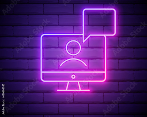 laptop outline pink neon icon. Elements of friendship line icon. Signs, symbols and vectors can be used for web, logo, mobile app, UI, UX . Online webinar icon . E-learning symbol.