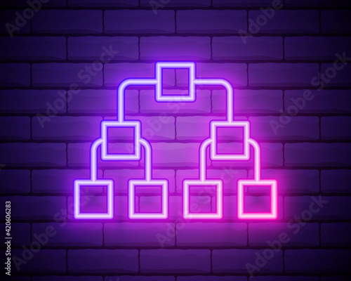 Glowing neon Referral marketing icon isolated on brick wall background. Network marketing, business partnership, referral program strategy. Vector Illustration