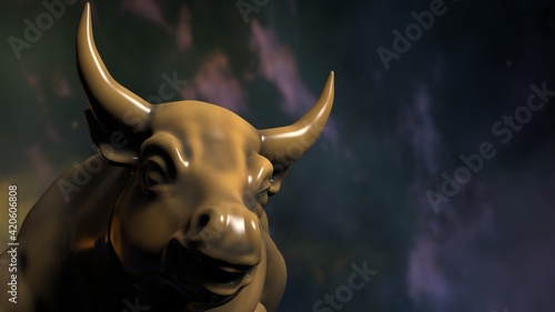 Bronze bull sculpture. Sculpted casting depicting a bull in dramatic contrasting light representing financial market trends under space sky. 3D illustration. 3D high quality rendering. 3D CG.