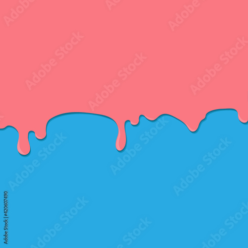 Pink paint or other liquid flows down or drips on a turquoise vector background in pastel colors. For your cartoon style design.