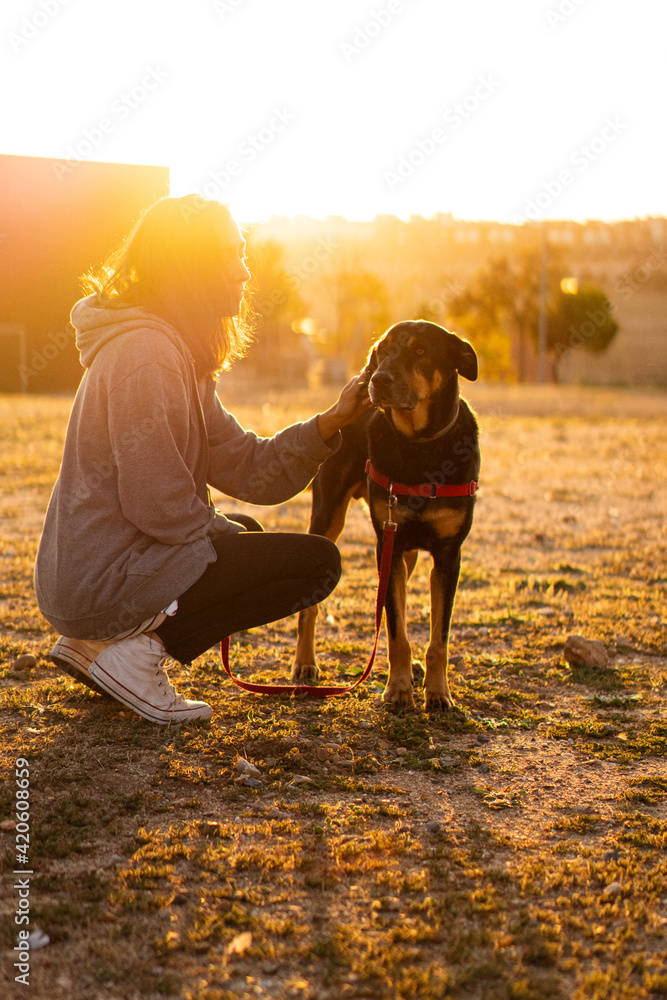 Young woman walking outdoors with her shepherd dog at sunrise. Young woman walking outdoors with her shepherd dog at sunrise.