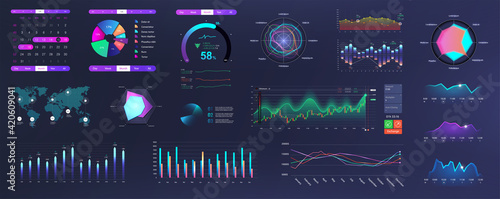 Modern Neon UI, UX and KIT elements interface with charts, graphics and infographics. Network management data screen with charts and diagrams HUD. Modern UI with Neon colors. Vector graphics set