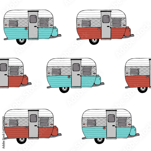 Vintage Caravan Doodle Style Vector Seamless pattern illustration. Camper Trailer Van Print for fashion textile design.