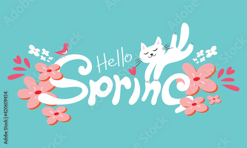 Hello spring greeting card banner. Spring background with the hand-drawn logotype. Vector drawing of the cute white cat and bird  and pink flowers. Vector illustration