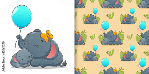 The seamless of the new born elephant sleeping with her mother and holds the balloons