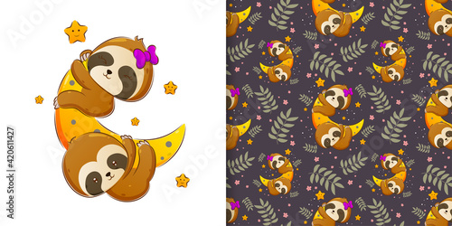 The pattern of the two sloth holding and sleeping on the moon at the night