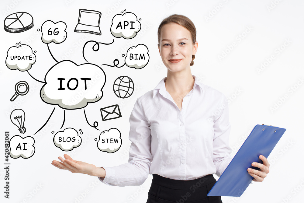 Business, technology, internet and network concept. Young businessman thinks over the steps for successful growth: IOT