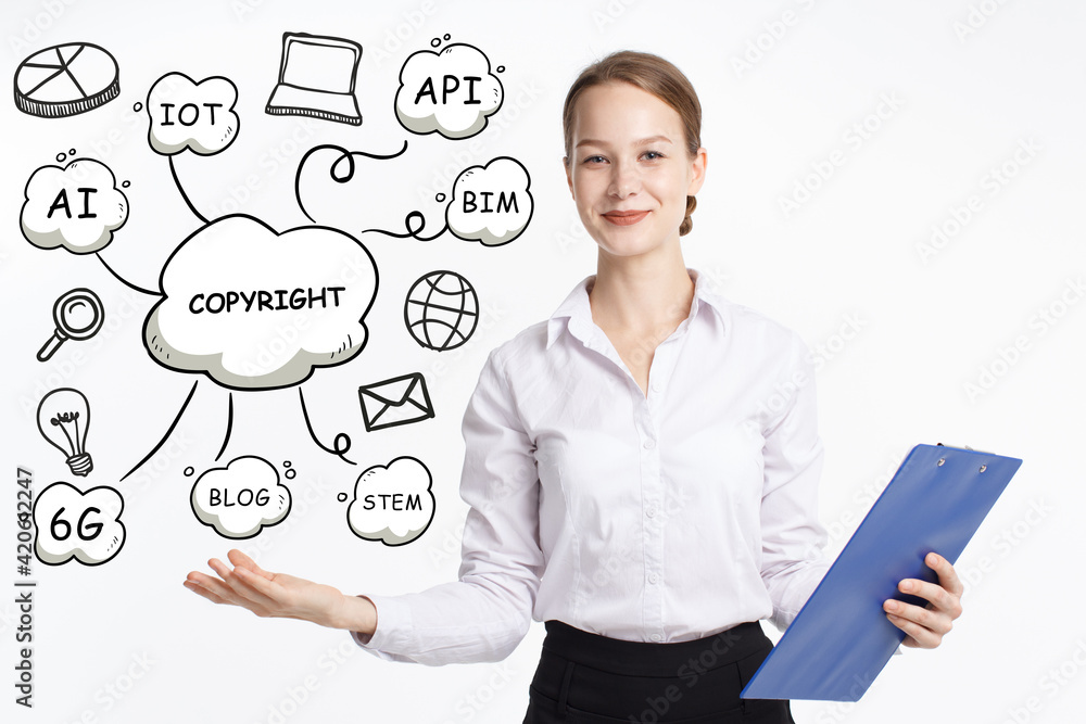 Business, technology, internet and network concept. Young businessman thinks over the steps for successful growth: Copyright Business, technology, internet and network concept. Young businessman thinks over the steps for successful growth: Copyright
