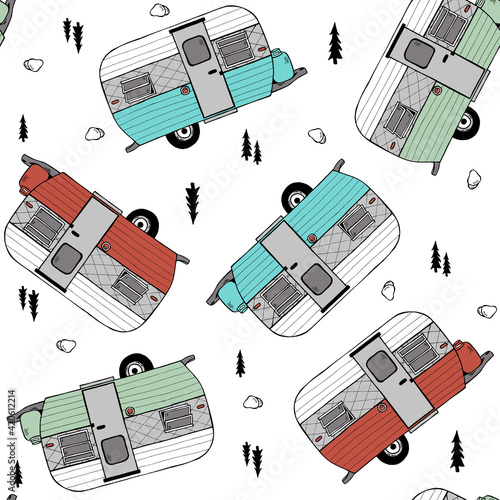 Trees, Rocks and Vintage Caravan Doodle Style Vector Seamless pattern illustration. Retro Trailer Van Print for fashion textile design. Pattern in all directions