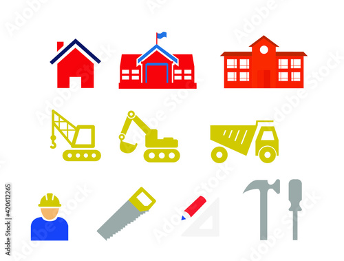 Iconos de construcción, obreros, casa y herramientas