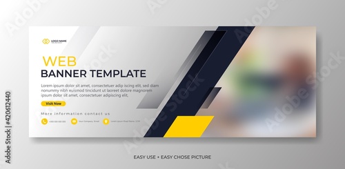 Editable banner web template with blue yellow white background. Minimal, modern vector illustration