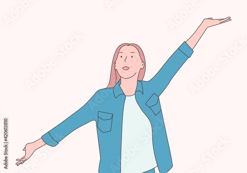 Vacation and weekend concept. Young woman rejoices the arrival of the weekend.