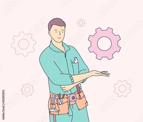 Repair, construction, building and maintenance concept. Siling male builder or manual worker hold gear wheel. Flat vector illustration