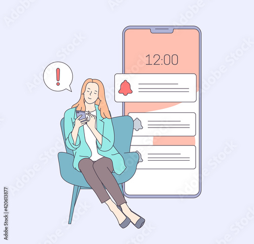 Woman overwhelmed by internet notifications concept. Woman planning day scheduling appointment in phone application. Flat vector illustration.