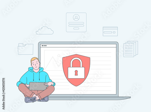 Data breaches, data leakage prevention concept. Personal digital security. Defence, protection from hackers, scammers. Flat vector illustration