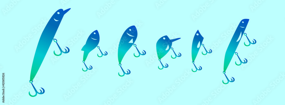 set of fishing lure cartoon icon design template with various models. vector illustration isolated on blue background