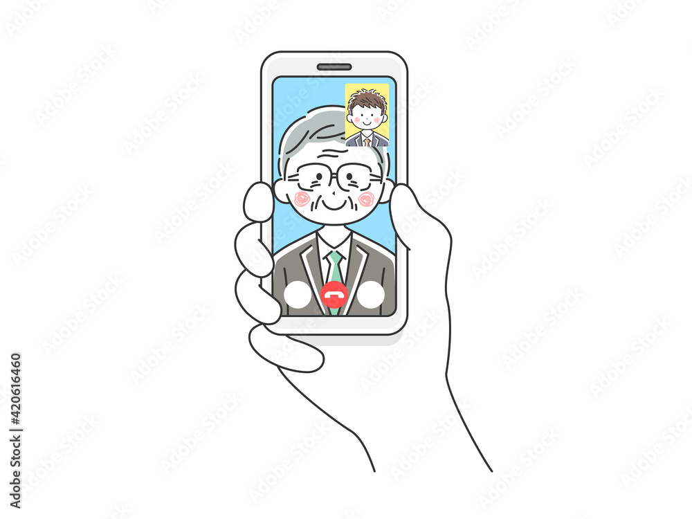 スマートフォンでビデオ通話をする年配のビジネスマンのイラスト