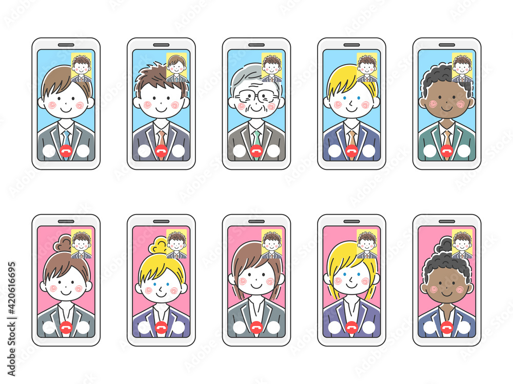 スマートフォンでビデオ通話をするビジネスマンのイラストセット スマートフォンでビデオ通話をするビジネスマンのイラストセット