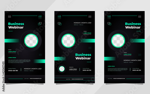 Set of  social media stories post template for business webinar, digital marketing, conference event etc. With black and green modern background