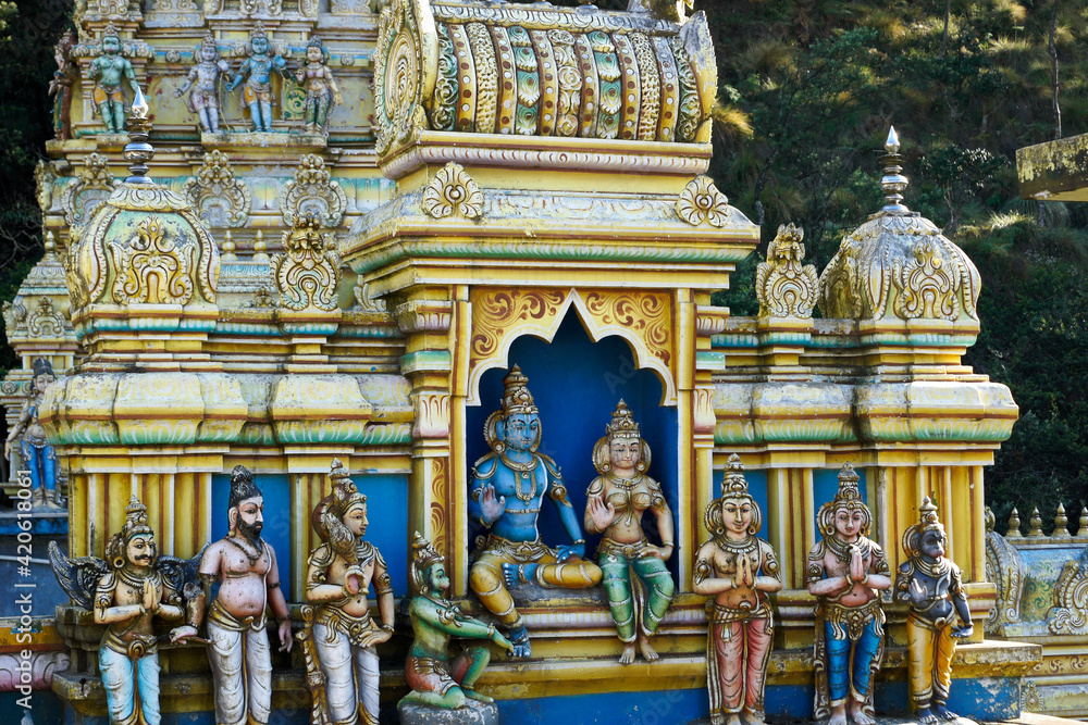 Obraz premium Architectural detail of Seetha Amman Hindu temple, Sita Eliya, Hill Country of Sri Lanka