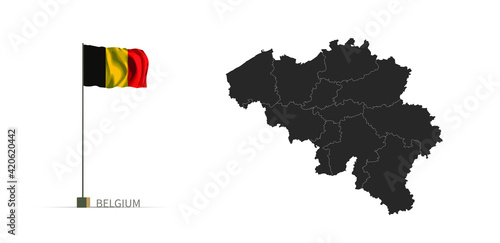 Belgium map. gray country vector map and flag 3d illustration.