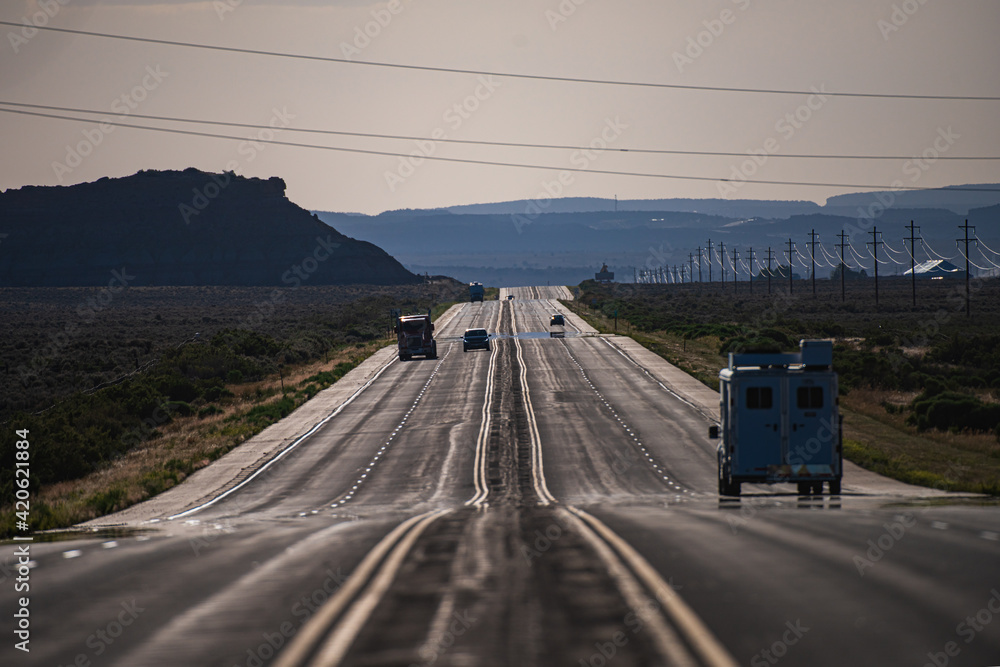Panoramic skyline with empty road. Highway, Arizona, USA.