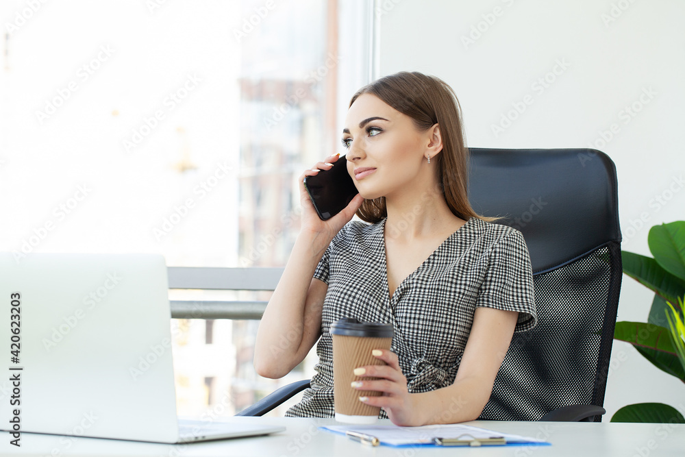 Beautiful business lady working with laptop in office Beautiful business lady working with laptop in office