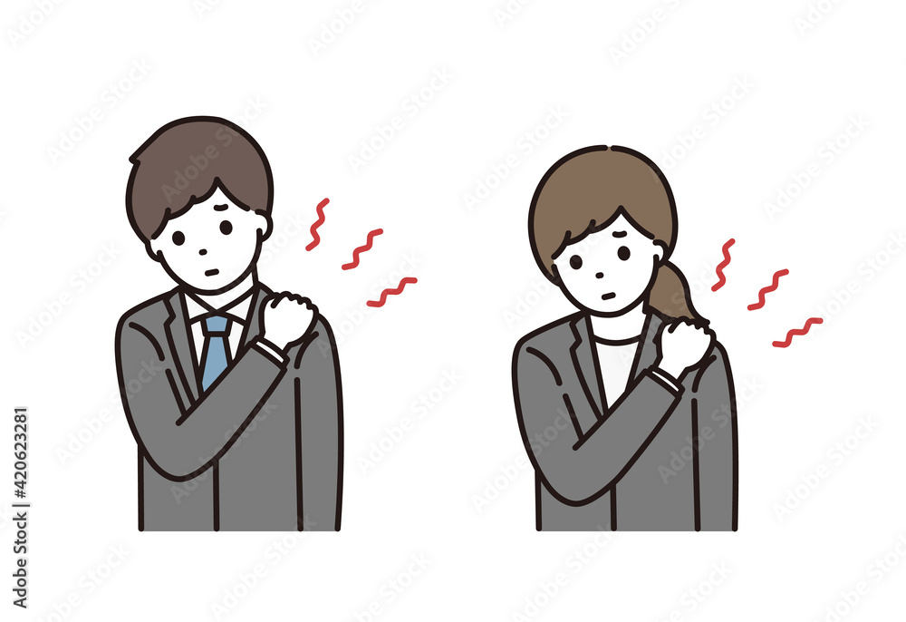 肩こりに悩むスーツ姿の若い男性と女性 肩こりに悩むスーツ姿の若い男性と女性