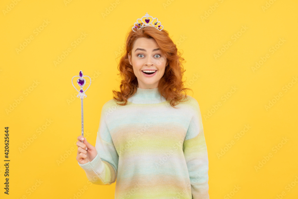wow. queen hold magic wand. arrogant princess in tiara. woman holding magic stick.