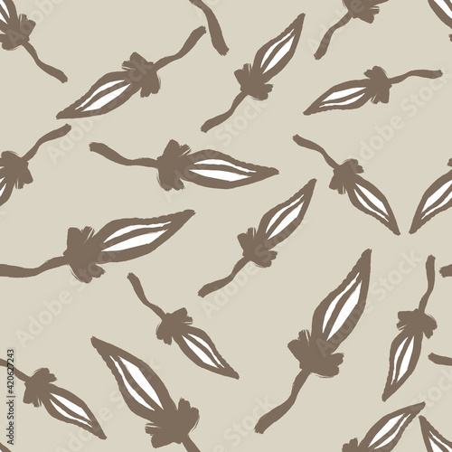 Geometric style seamless pattern with grey colored leaves elements. Pastel background. Doodle style.