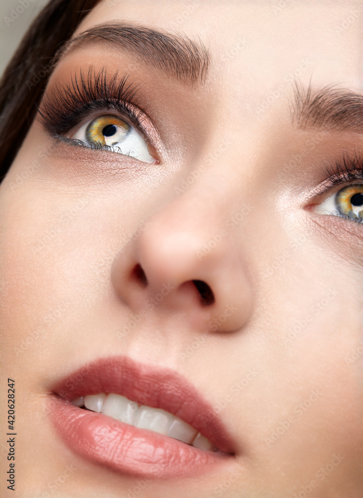 Naklejka premium Closeup shot of human female face. Woman with natural face and eyes beauty makeup.