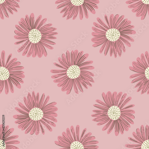 Bloom seamless pattern in pale pink tones with hand drawn decorative daisy flower bud silhouettes. Botanic backdrop.