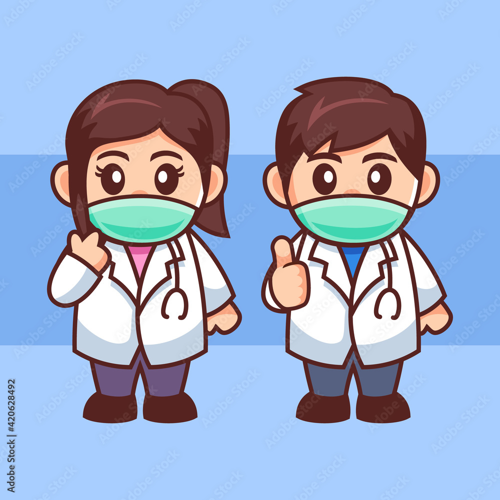 young couple Doctor wear mask cartoon character