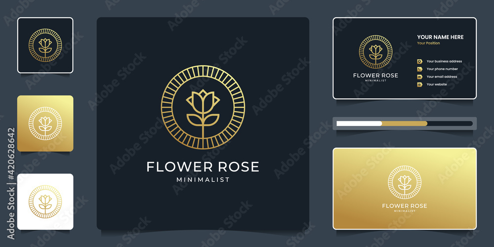 Luxury flower rose logo design with line art style and business card ...