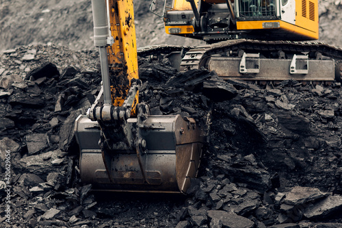 Excavator loads coal into the back of a heavy mining dump truck. Open pit coal mining.