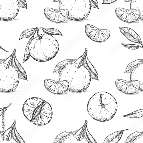 Mandarin, tangerine seamless pattern on white background. Vector illustration of fruit in cartoon simple flat style.