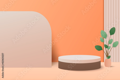 minimal scene with geometrical forms. Cylinder podiums in cream background with paper leaves on column. Scene to show cosmetic product  Showcase  shopfront  display case. 3d vector illustration.