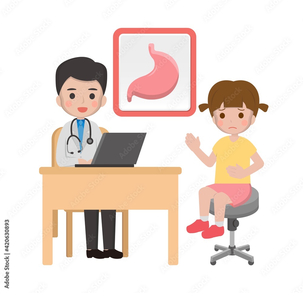 Little girl with doctor, cartoon comic vector of gastrointestinal disease Little girl with doctor, cartoon comic vector of gastrointestinal disease