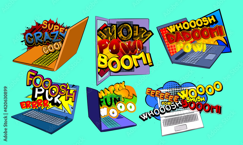 Comic book word coming out from a laptop screen. Comics online technology, viral marketing, video template collection. Mobile Fun. Cartoon style comic expression. Pop art explosion effects. Vector.