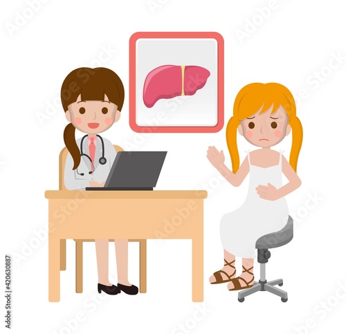 Girl with doctor, cartoon comic vector of liver disease