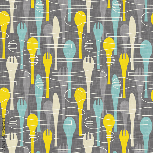 Seamless pattern of forks, spoons and knives. Retro mid century style design with tableware theme. For backgrounds, print and fabric design. Vector illustration.